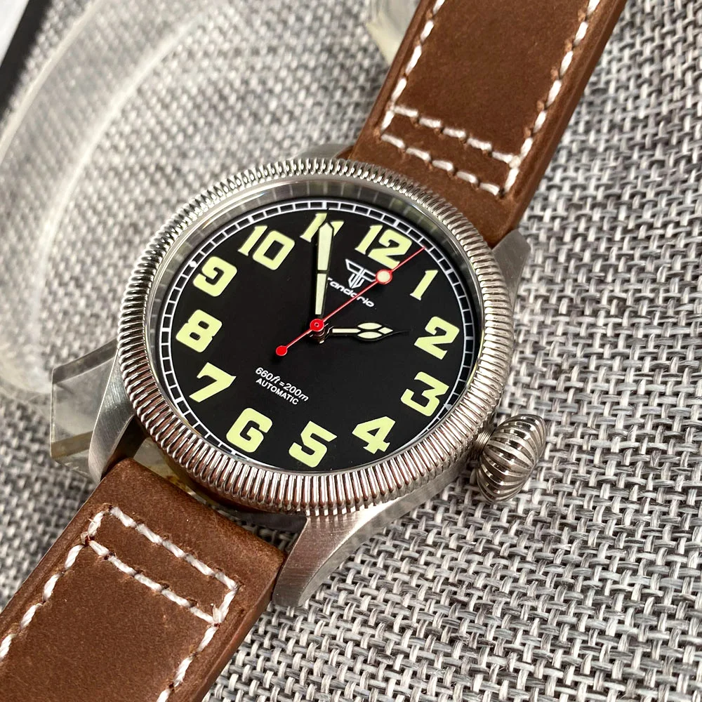 Reloj Automático Tandorio Pilot de 39mm para hombre NH35 Movt, mano roja, zafiro, corona grande, aviador, reloj de pulsera Retro, correa de cuero