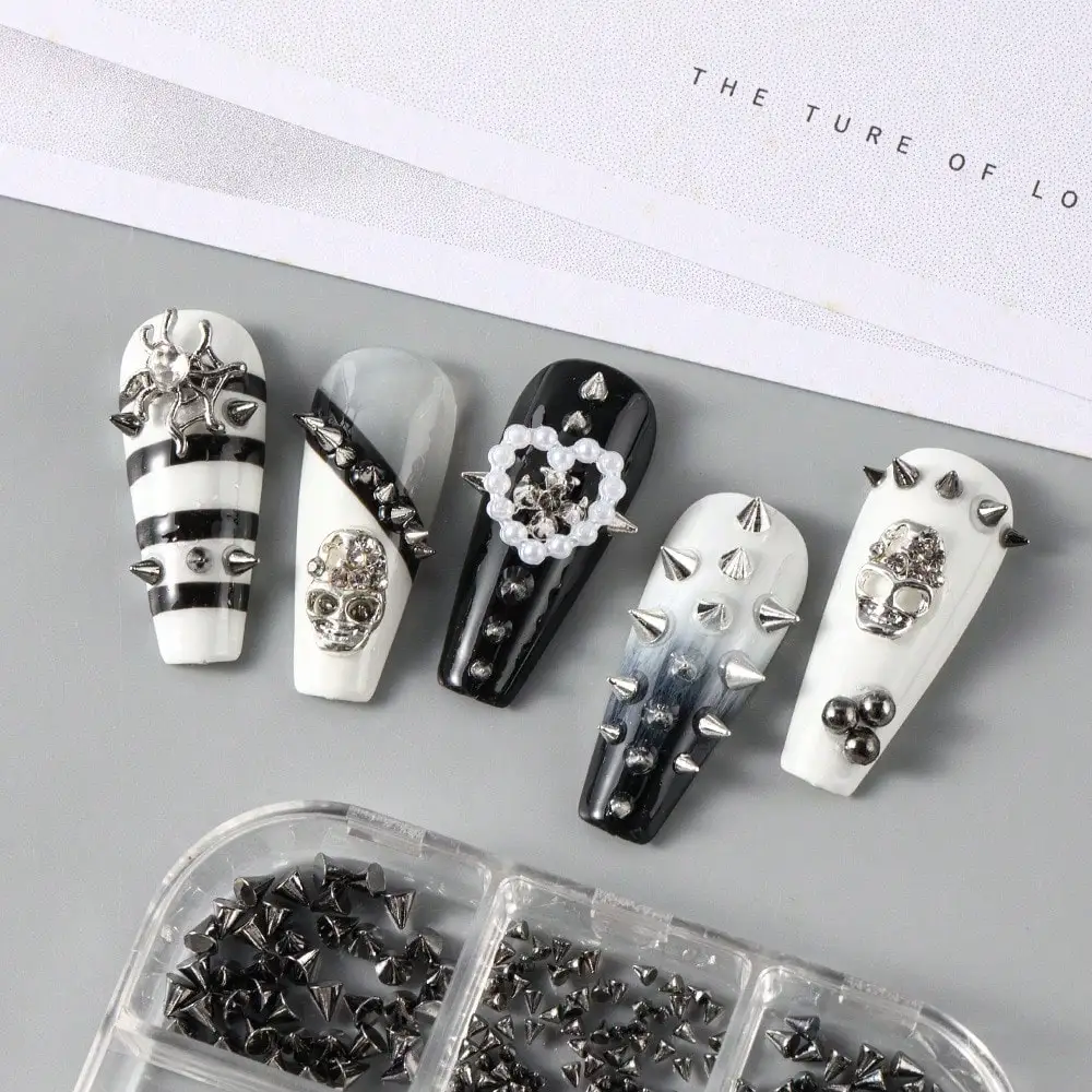 6 Grids Metal Nail Studs Black Silver Spike Rivets 3D Nail Art Charms DIY Manicure Decor for Nails view 3