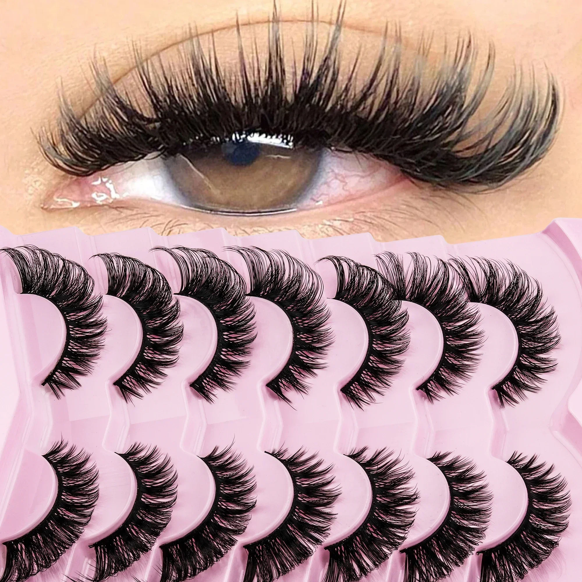 7 Pairs Wispy Fluffy Cat Eye False Lashes, D Curl Faux Mink Strip Eyelashes, Reusable Voluminous Fake Eye Lashes