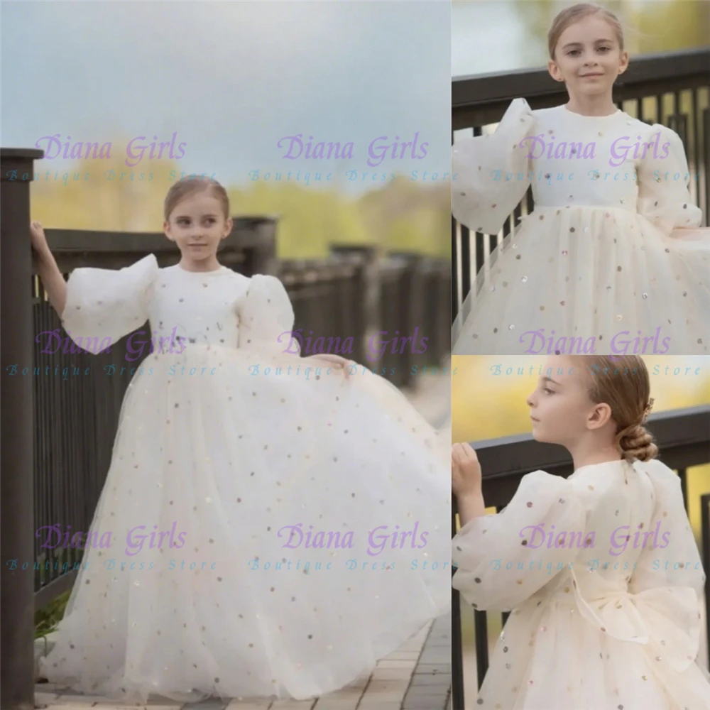 

Flower Girl Dress Elegant Sequins Tulle Fluffy For Little Princess Ball Beauty Pageant Kids Birthday Present Communion Gowns