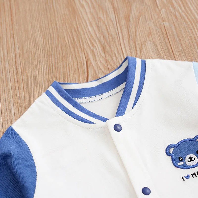 Baby Boy Girl Newborn Cute Little Bear Embroidered Toddler Baseball Suit Light Blue Spring Autumn Long Sleeved Jumpsuit