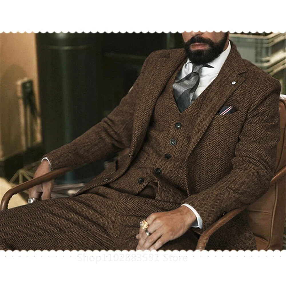 

3 Piece(Jacket +Vest +Pants) Gray Wool Tweed Winter Men Suit's For Wedding Herringbone Male Formal Groom Tuxedo Fashion