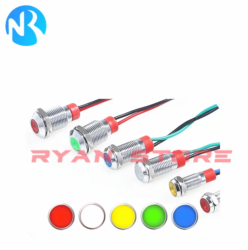 1 pz 6MM 8MM 10MM 12mm LED indicatore di avvertimento in metallo luce di segnalazione impermeabile fili pilota interruttore a pulsante 3V 12V 24V 110V 220V