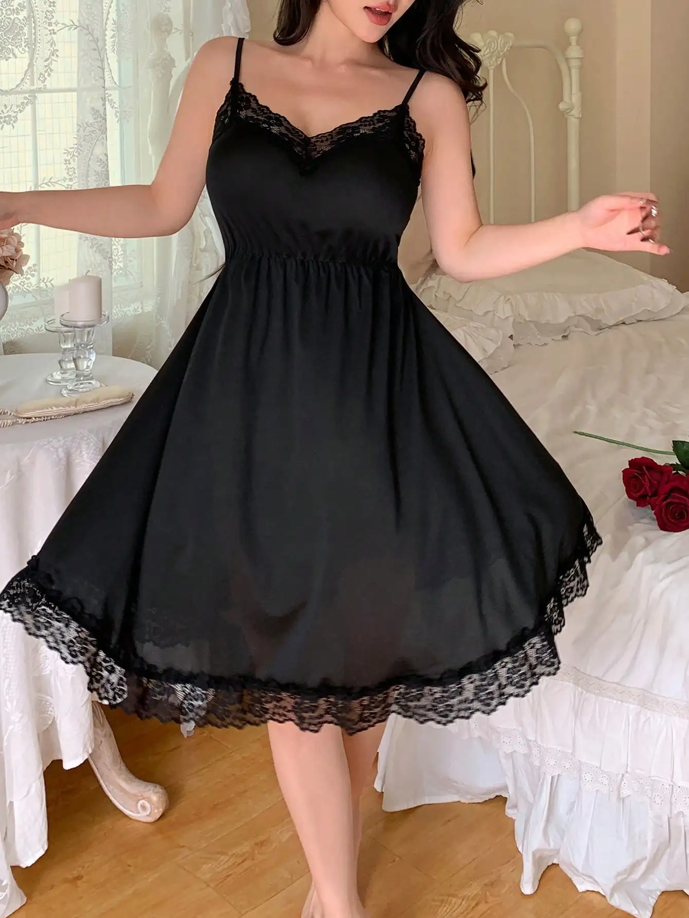 

Black Lace Trim V-Neck Slip Nightgown with Flared Hem