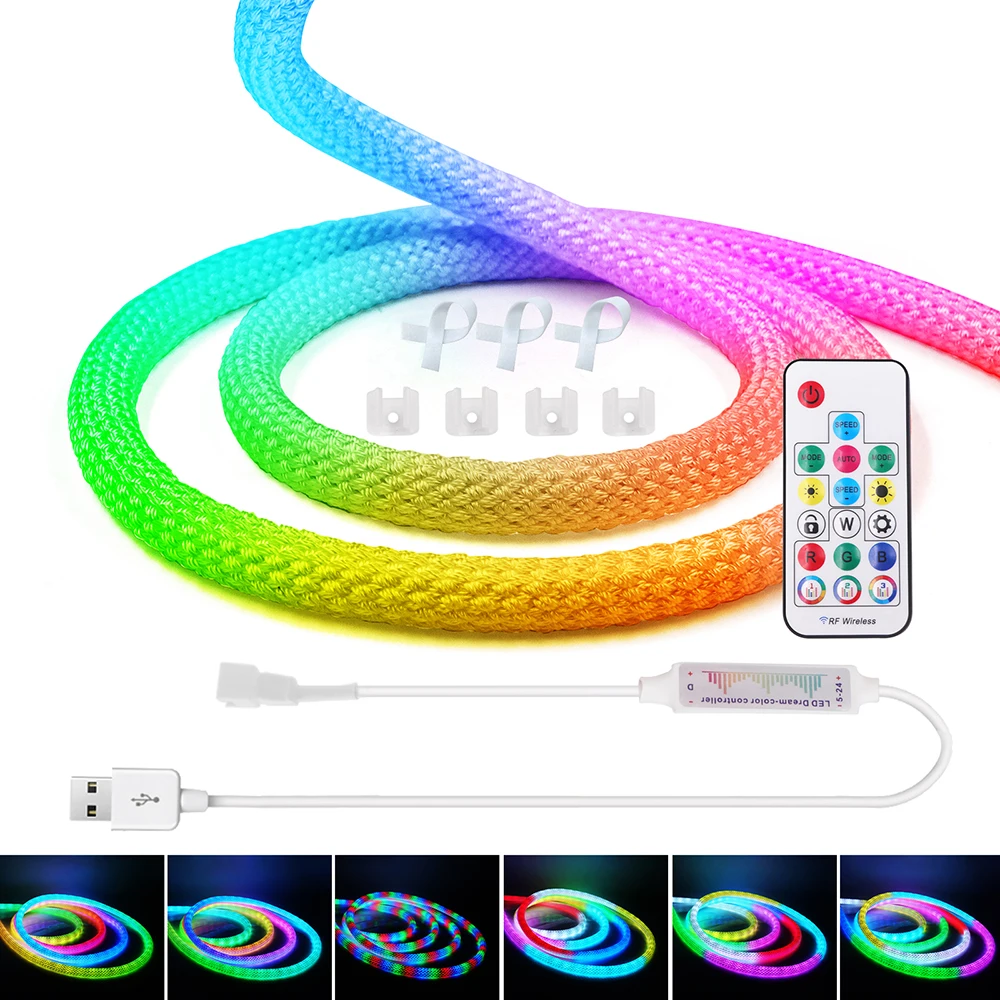 5V USB LED Neon Strip Nylon Rope Light Addressable WS2812 RGB 17key Remote Control Kit WS2811 IC 3939 50 LEDs Flexible Decor