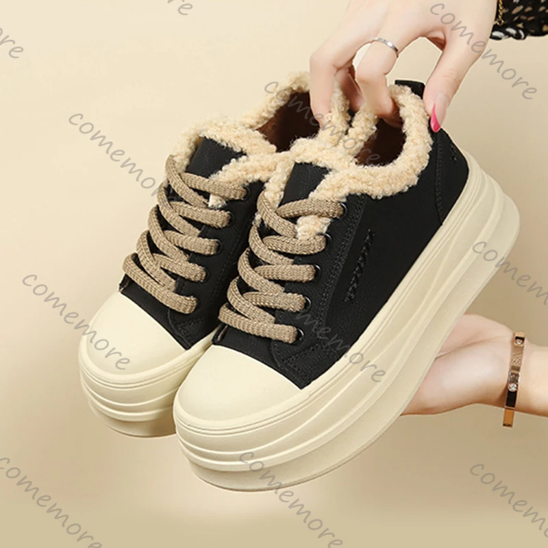 

Comemore New Platform Height Increasing Lamb's Warm Sneakers for Women Lace-Up Casual Versatile Autumn Winter Cotton Skate Shoes