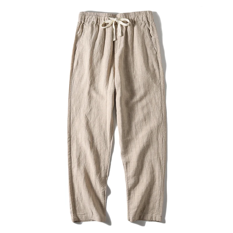 Cotton and Linen Comfortable Men\'s Fashion Trend Summer Pure Straight Stripe Thin Breathable Solid Color Loose Casual Pants