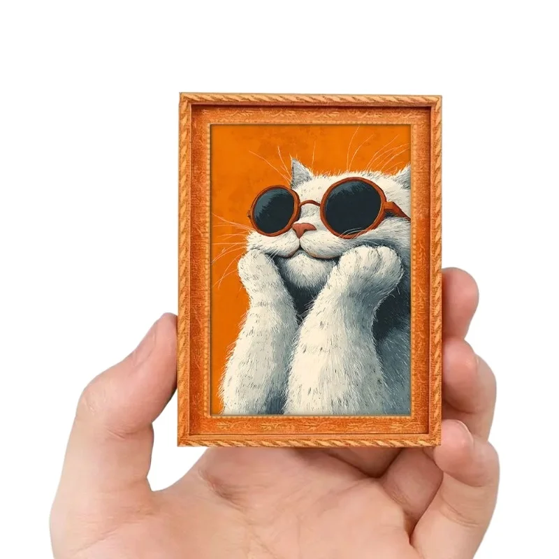 Wooden Framed Fridge Magnet White Cat Wearing Glasses with Tilted Chin Quirky Magnetic Decor Sticker for Kitchen Cabinet