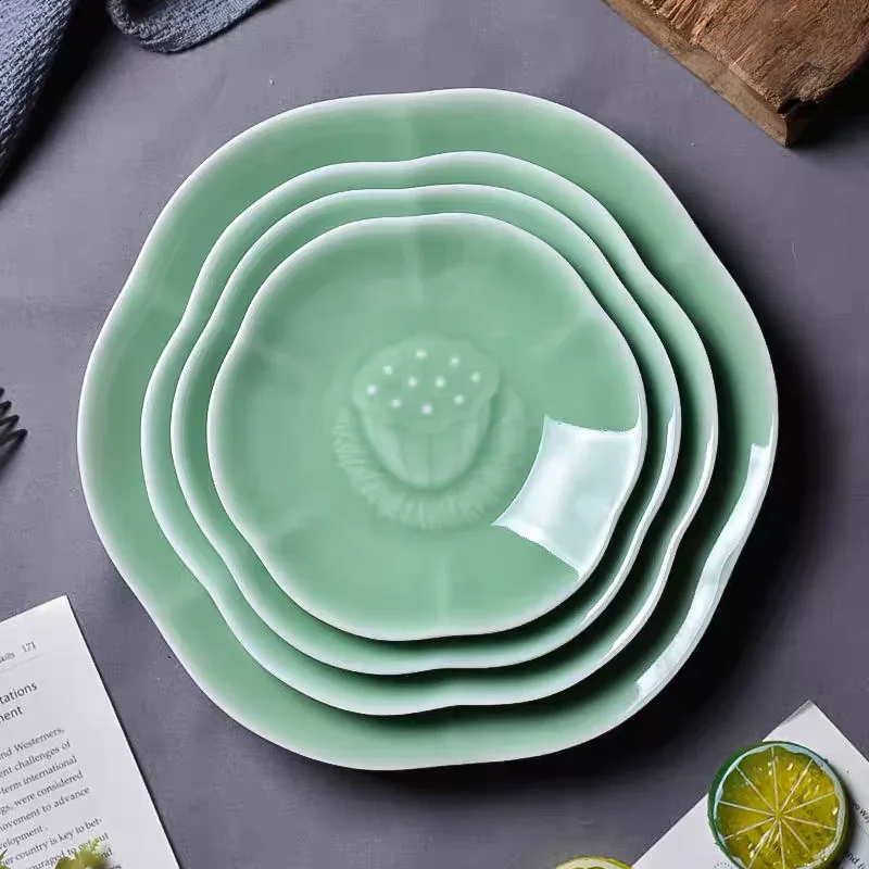 Prato de lótus celadon talheres flor disco cerâmica prato prato de frutas prato de jantar prato platos pratos
