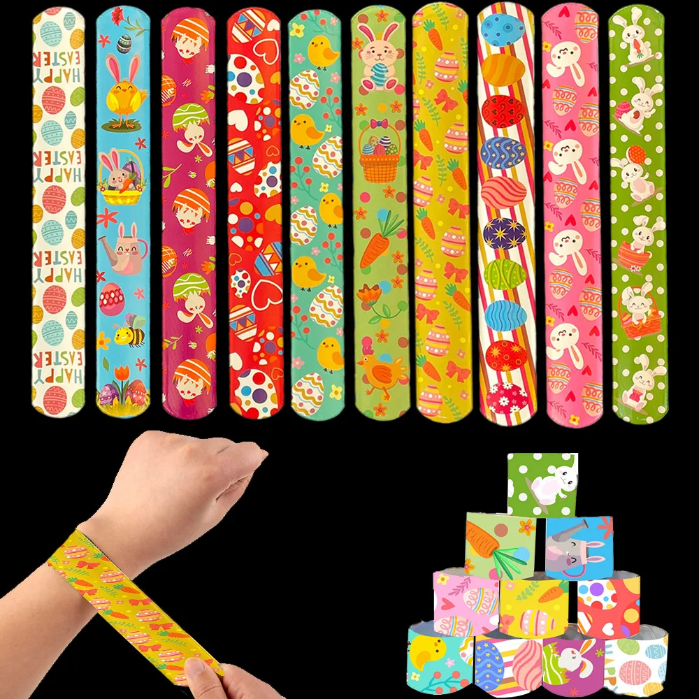 

10pcs Easter Slap Bracelet For Kids Party Favors Easter Egg Basket Fillers Pack Bulk Toys for Kids Prizes One Size Fits All