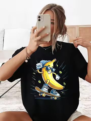 Women&rsquo;s Oversized Cotton Funny Banana Skateboarding Printed Graphic Casual Summer T Shirt Gift for Her