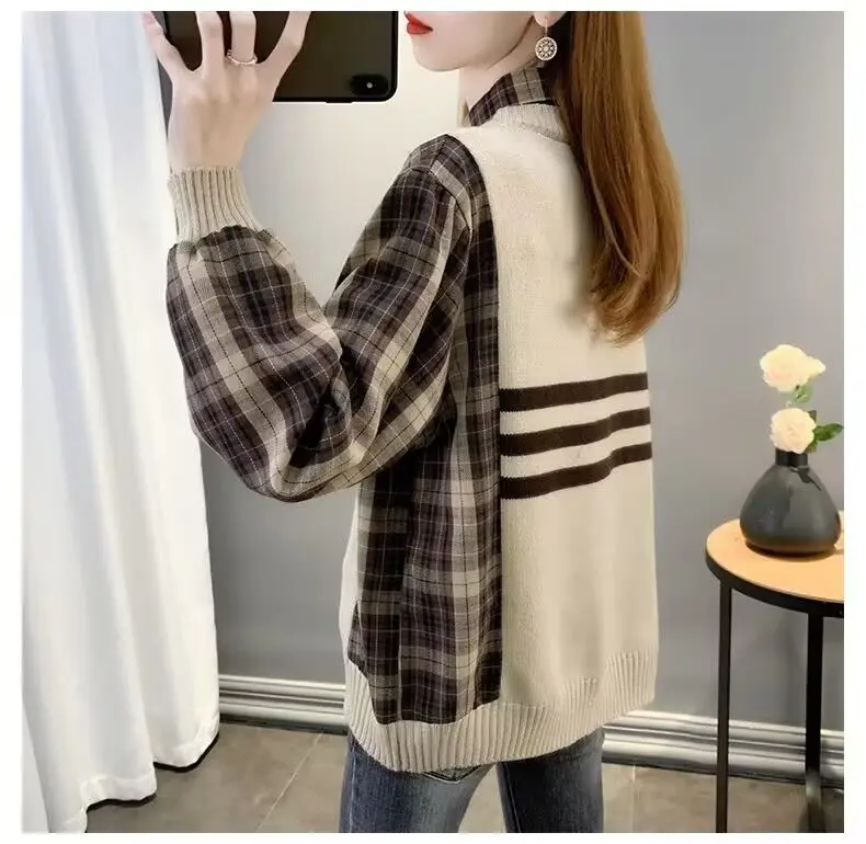 Fake Two Women's Sweaters Checkered Women's Sweater  Striped sweater  stripe shirt Autumn Women's Sweater korean fashion win