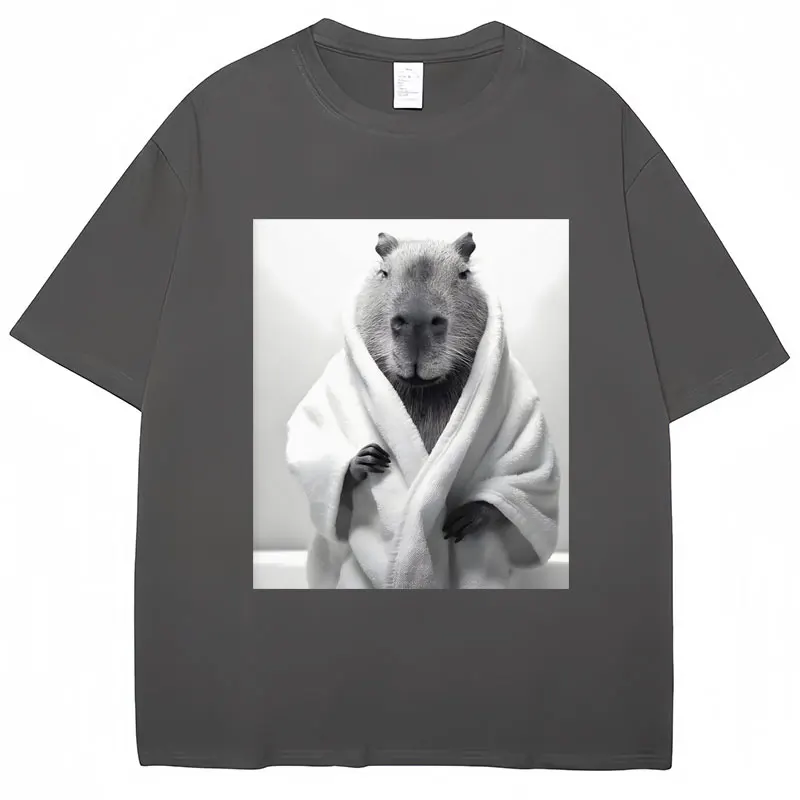 Funny Capybara in Bathrobe Print T Shirts Creativity Popular Summer Short Sleeve Cotton Oversized Casual Tees Unisex Streetwear