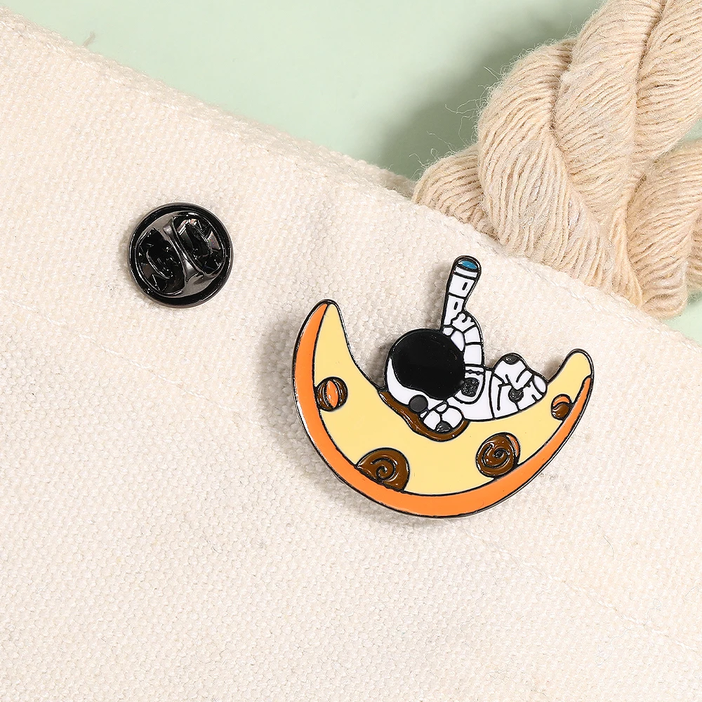 Astronauts Lie on the Moon and Look Into Space With Binoculars Enamel Pins Spaceman Brooches