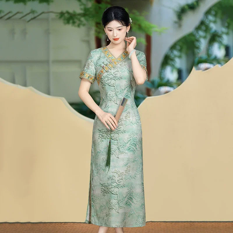 

Improved New Chinese Qipao Dress Long Low Neck Summer New Style Daily Young Retro Single Layer Green Qipao Dress