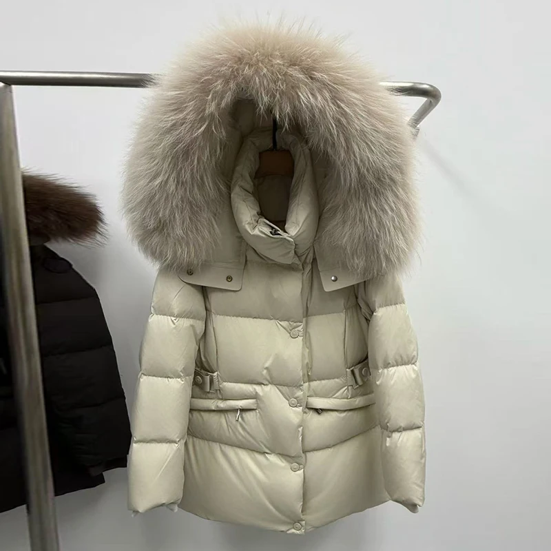   Thiened Jaet de plumón para mujer con cuello de piel grande Ropa de abrigo cálida de longitud media informal y elegante de Tagkita