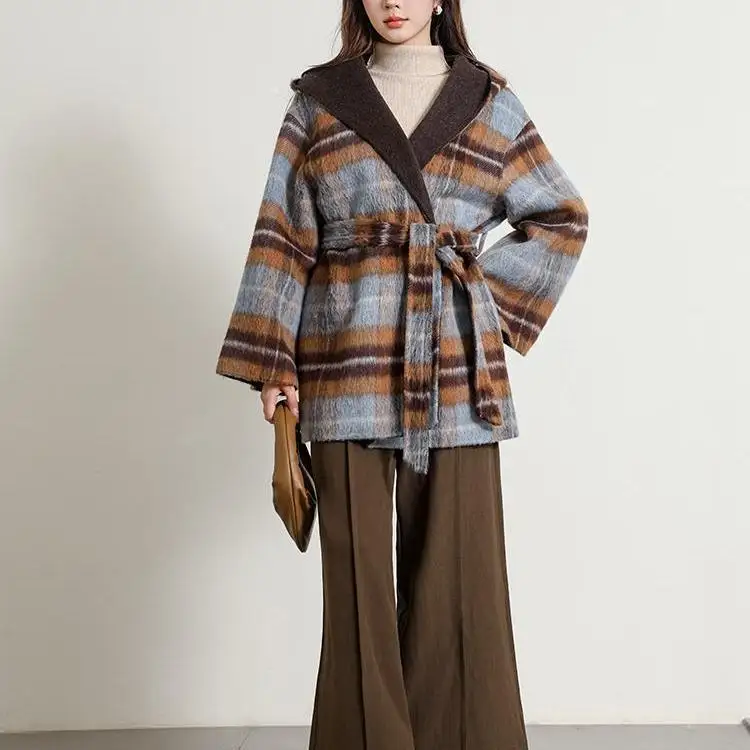 Korean style hooded checkered double-sided cashmere coat, medium to long, winter new style, loose lace up yak wool coat