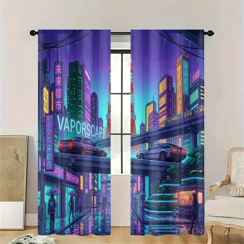 Cyberpunk Neon Cityscape Curtain Window Treatment Neo Tokyo Vaporwave Aesthetic Shower Curtain Home Decor Futuristic Digital Art