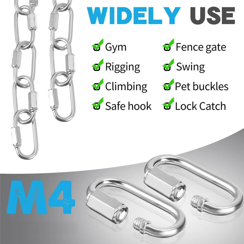 

A27F-50 Pcs Stainless Steel Quick Chain Link M3.5, 1.45 Inch, 174Lbs D Shape Locking Chain Hooks Chain Link Connector