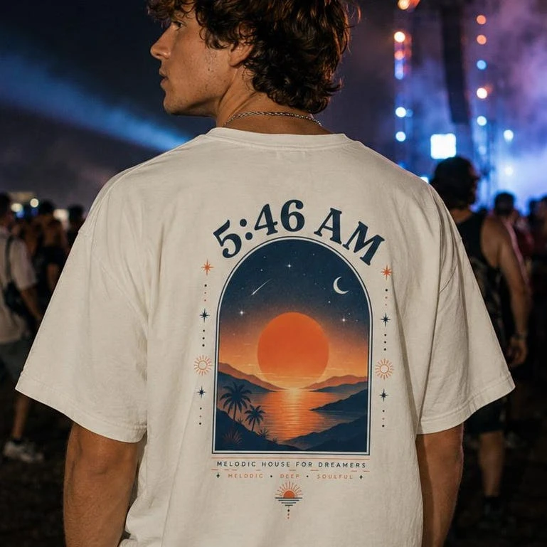 5:46 AM Melodic House Sunrise Graphic Tee, Summer Men's Round Neck Printed T-shirt
