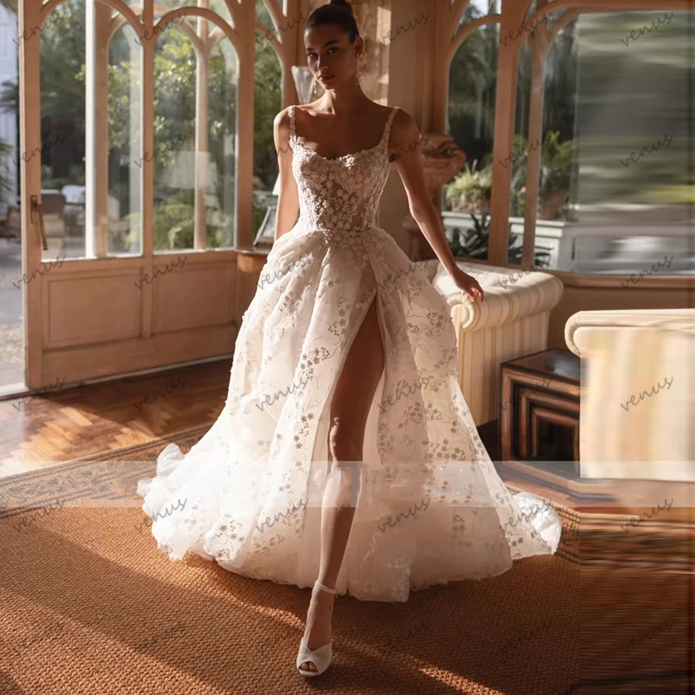 

Великолепные свадебные платья: Гламурное свадебное платье с кружевными аппликациями, без рукавов, с открытой спиной, с высоким разрезом, на заказ, элегантные Vestidos De Novia