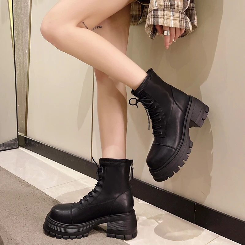 Platform datar sepatu bot pergelangan kaki sepatu wanita 2024 baru musim dingin wanita Chelsea sepatu Fashion kasual sepatu Lace-Up ritsleting Chaussures Femme