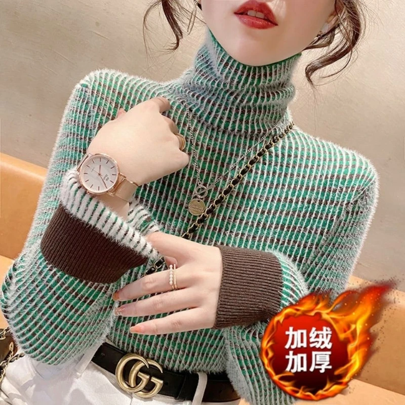 Striped High Neck One-piece Velvet Sweater for Women Popular New Style with Thickened Velvet Base Western-style Top