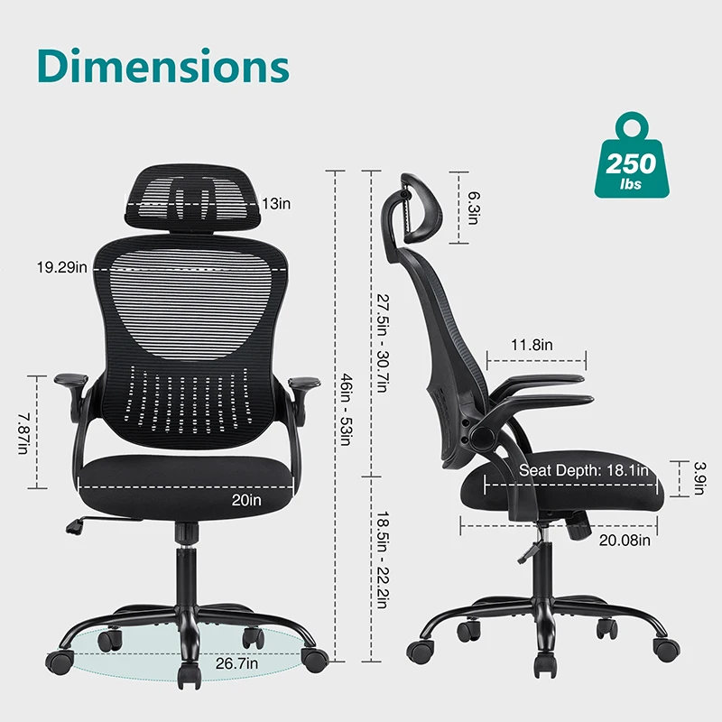 Office chair, comfortable swivel chair with high back, wheels, adjustable headrest, comfortable lumbar support, flip arm, black 