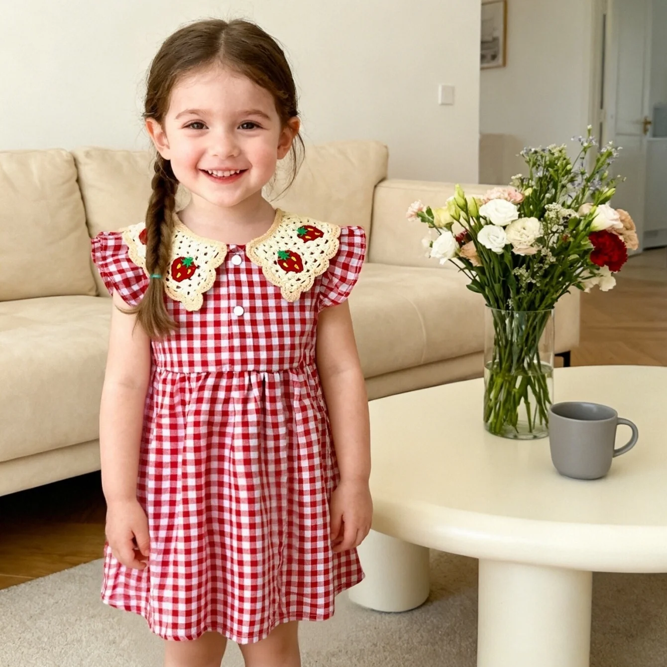 Summer New Baby Girl Dress Sweet Plaid And Strawberry Embroidery, Baby Girl Children'S Clothing (9 Months To 4 Years Old)