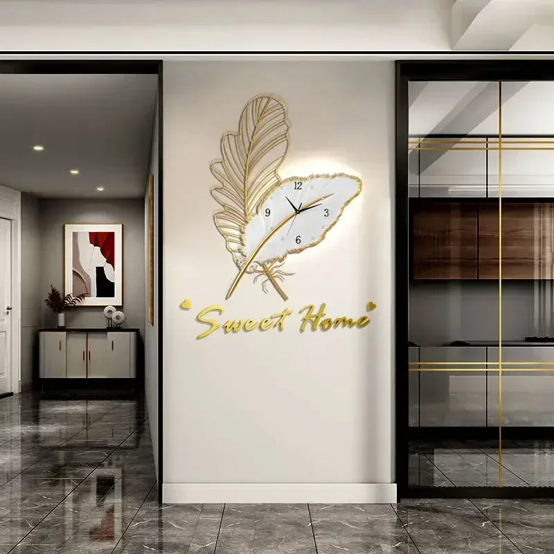 AZ ساعة حائط ديكور المنزل ضوء فاخر ريشة ساعات الحائط التصميم الحديث غرفة المعيشة المنزلي الديكور الساعات الرقمية #4