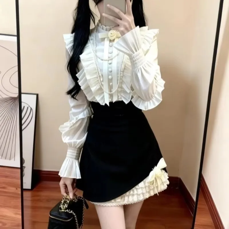 Women Sweet Princess 2 Piece Set Ruffles Long Sleeve Blouse and High Waist Above Knee Skirt Vintage Y2K Autumn Outfit