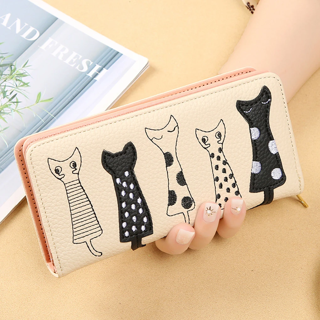 Women Long Wallet Cat Cartoon Cash Phone Card Holder Embroidery Threads Multi-card Soft PU Leather Purse Green