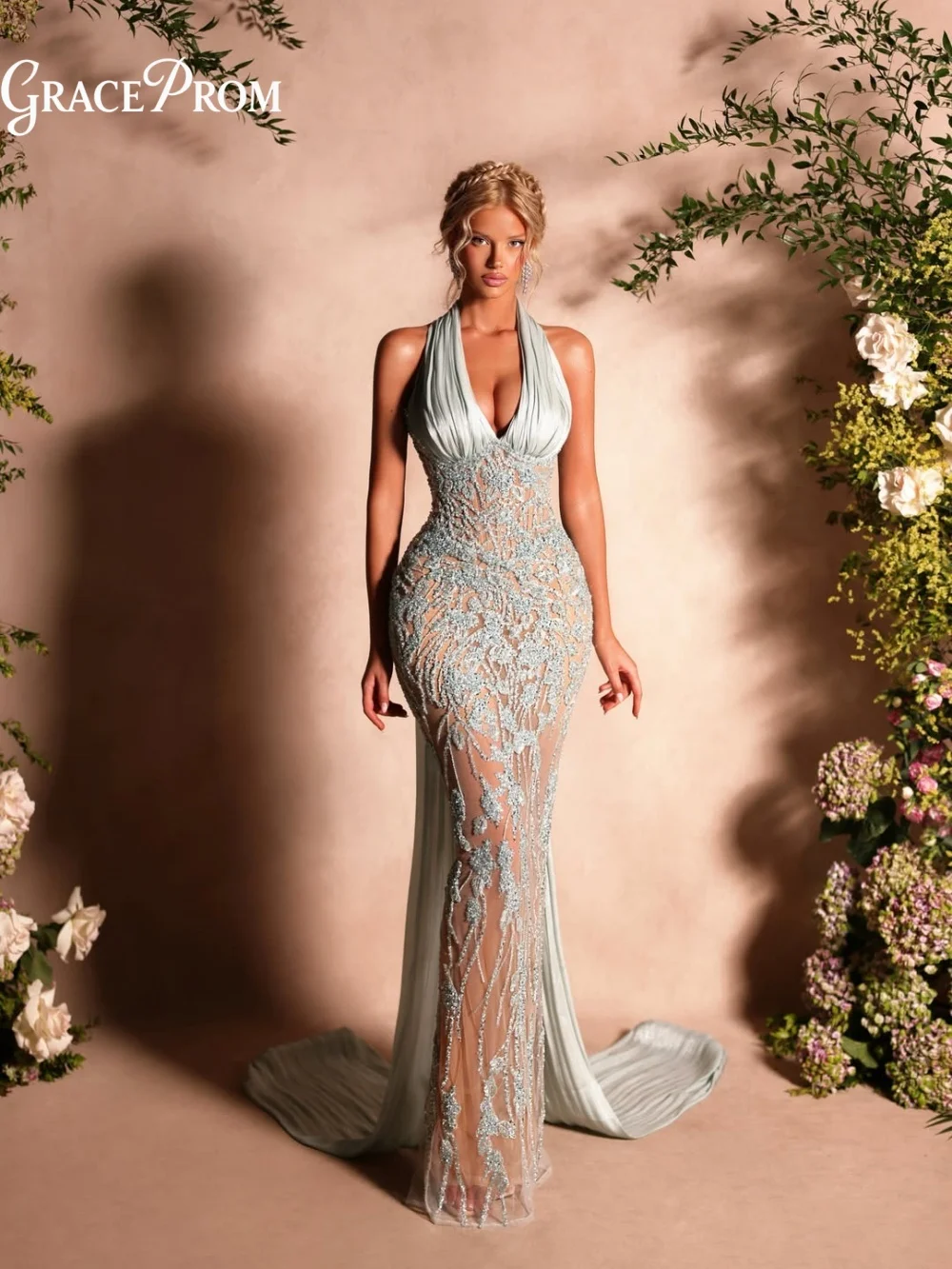 Stunning Pale Mint Crystal Beaded Mesh Evening Gown 2026 Plunge Halter Flowing Side Train Wedding Guest Formal Dress فساتين سهرة