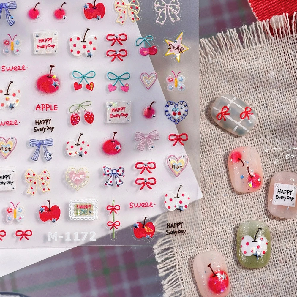 Sommer Obst 5D Nail art Aufkleber Apfel Erdbeere Kirsche Liebe Herzen Bowknot Sterne Cartoon Schmetterling Kawaii Maniküre Aufkleber DIY