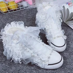 Handmade lace lace pearl three-dimensional flower canvas shoes white high top wedding party casual women's shoes 35-40