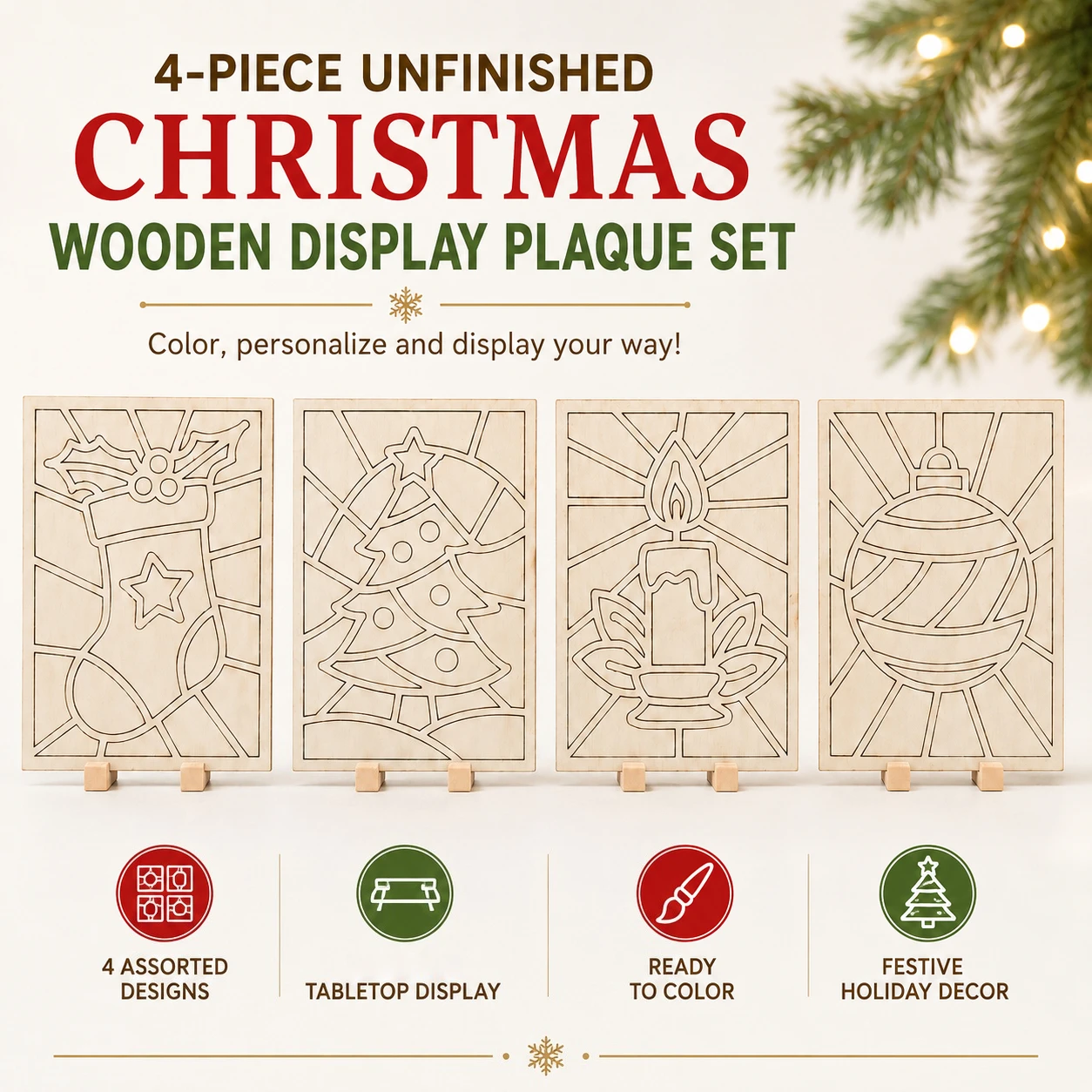 4-Piece DIY Christmas Wooden Unfinished Painting Plaque Set with Display Stands, Tabletop Decorations for Christmas Home Decor