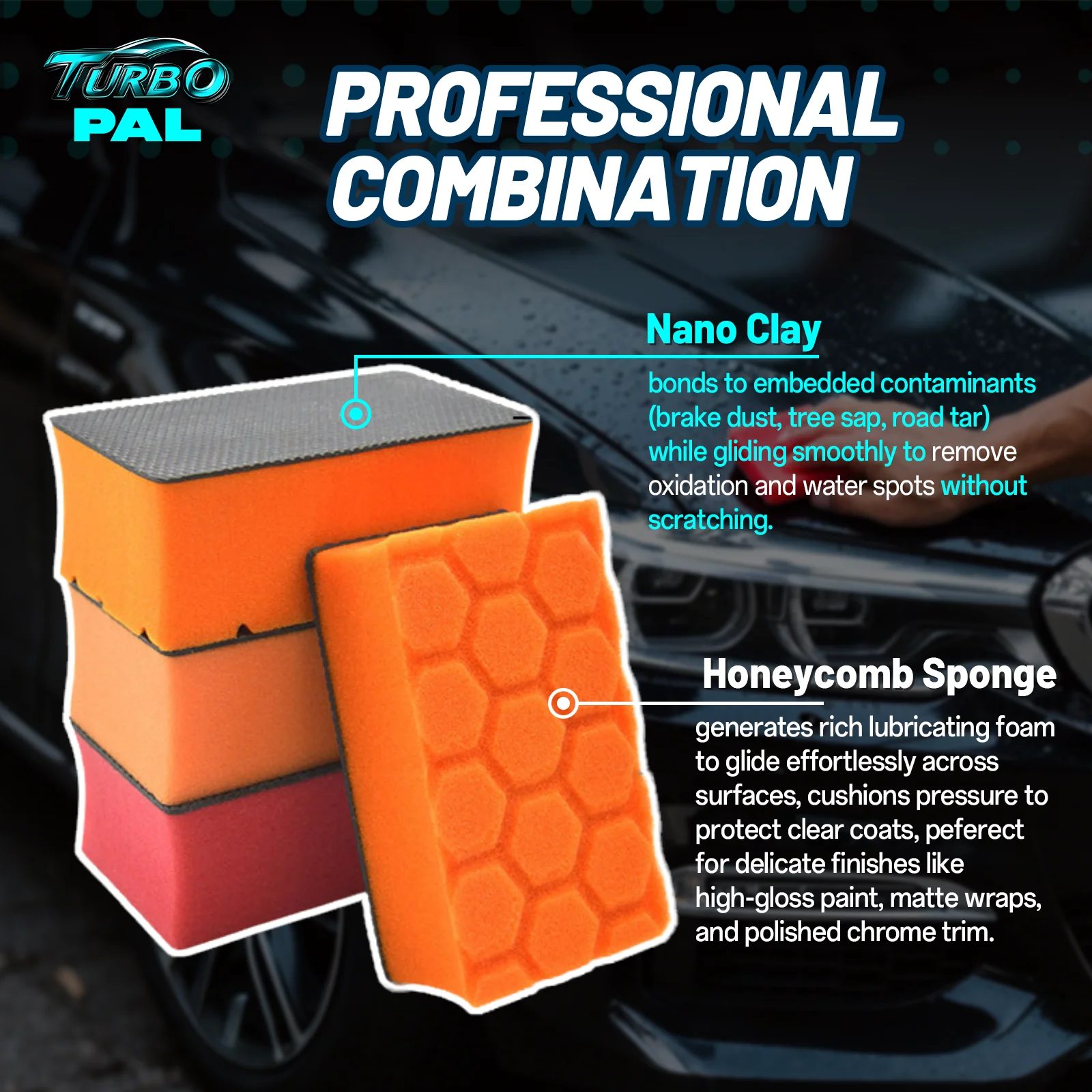 TURBOPAL 2pcs Honeycomb Nano Clay Sponge, Scratch-Free Car Paint Correction,  Removes Brake Dust/Sap/Tar & Restore Gloss
