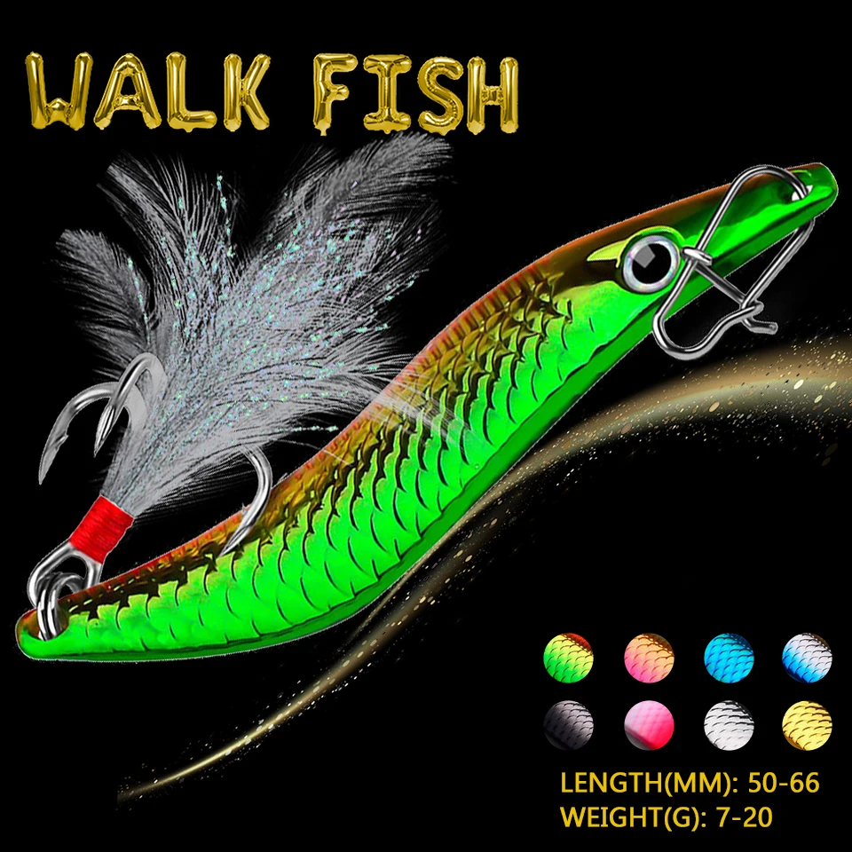 WALK FISH 1Pcs Spoon Lure 7g/10g/15g20g Metal Leech Sequin S-type Artificial Hard Bait Shake Swimbait Feather Blood Slot Hook