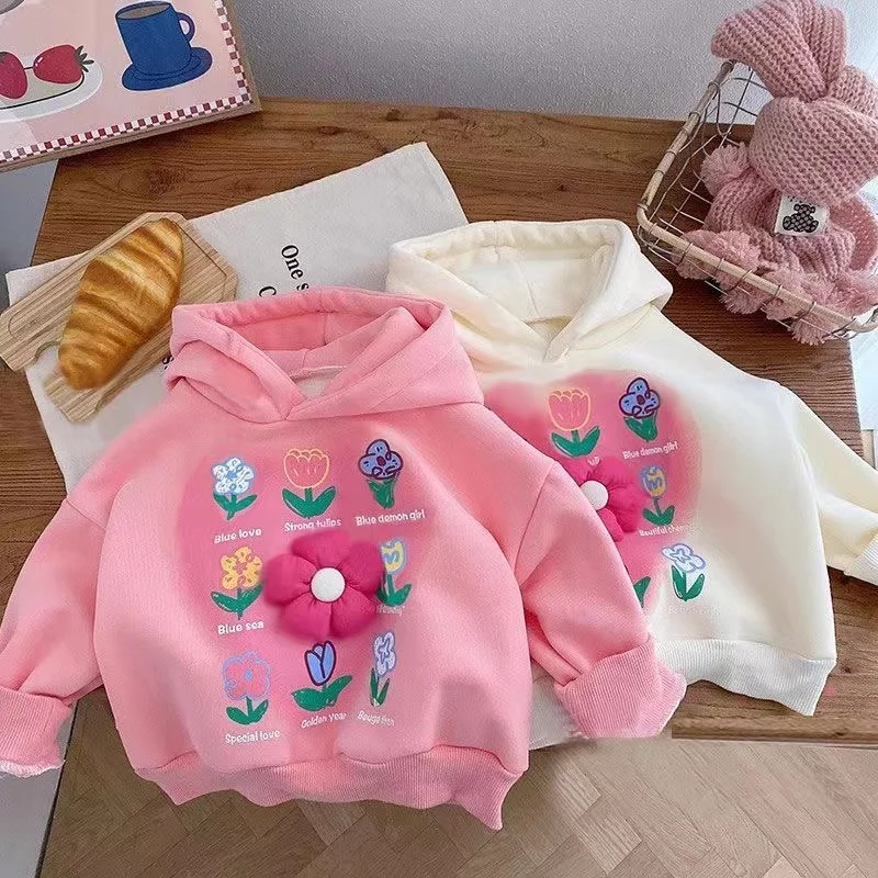 

Children's Sweater Autumn and Winter 2024 New Plush Girls Hooded Flower Girls' Printed One Piece Plush Girls Top Kids Clothing