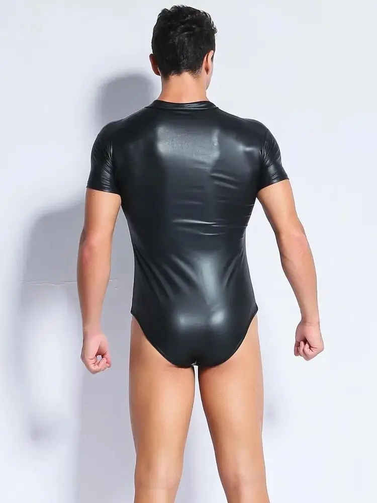 S-4XL Short Sleeve Shiny Faux PU Leather Bodysuit Men Front Zipper Tshirt Tights Hot Shapers Sexy Body Teddies Leotard Unitard