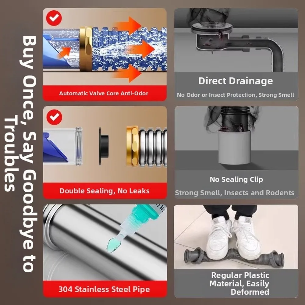 304 Stainless Steel Drain Pipe with Integrated Prevention Valve and 43mm Drain Depth for Optimal Water Passage