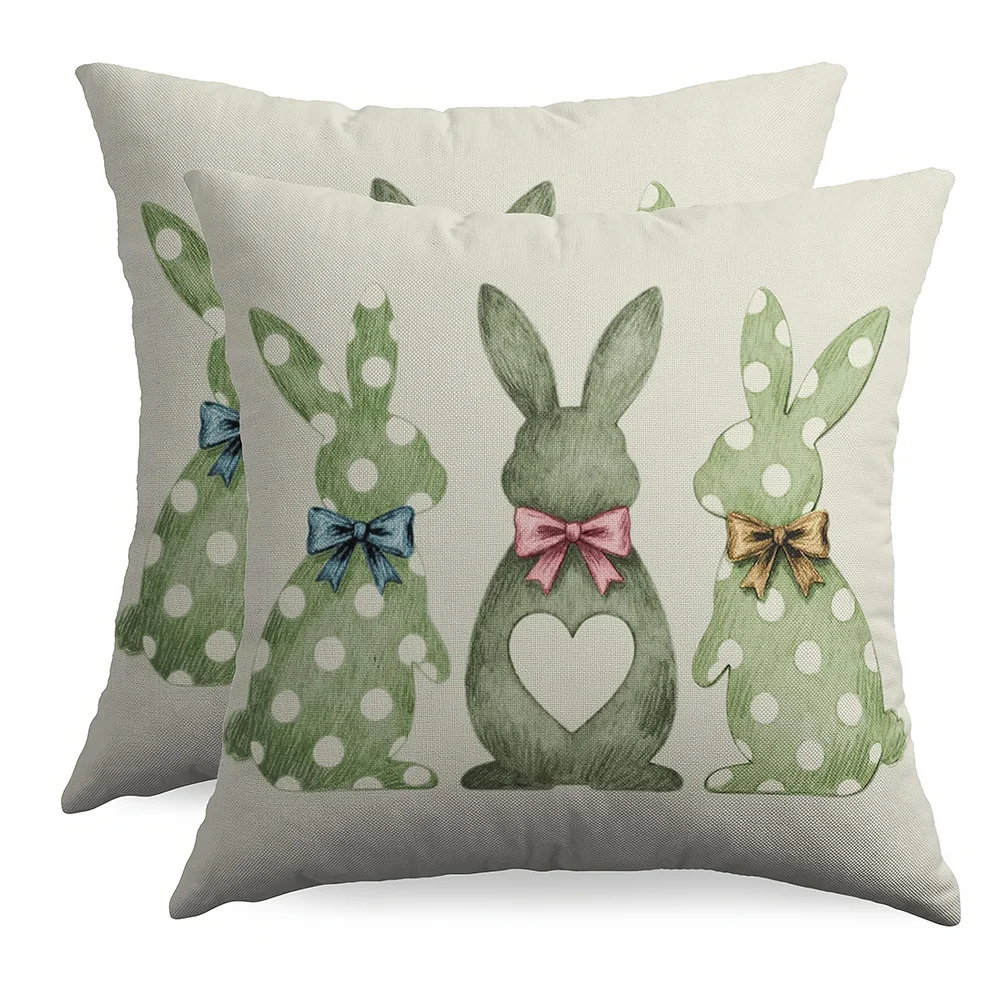 Easter Green Polka Dot Bunny Pillow Cover Faux Linen Print Heart Bow Spring Decor Soft Cozy for Sofa Bed Living Room