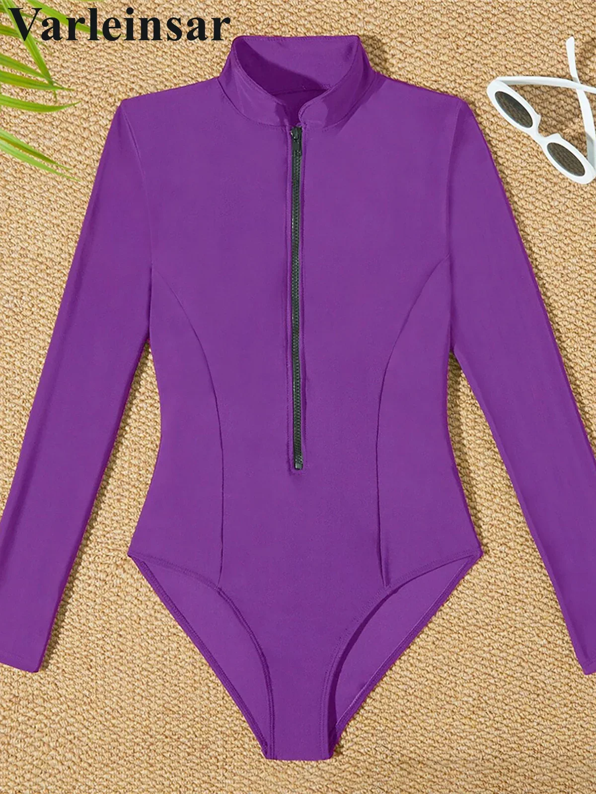 

S - 2XL 4 Colors Long Sleeve With Zipper Surf Rash Guard One Piece Swimsuit Women Swimwear Female Bather Bathing Suit Swim V6266