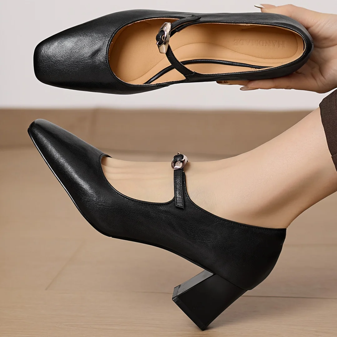 

2026 Spring new women's sheepskin round toe metal buckle slip-on Mary Jane pumps elegant ladies Ol style 5cm thick med heel shoe