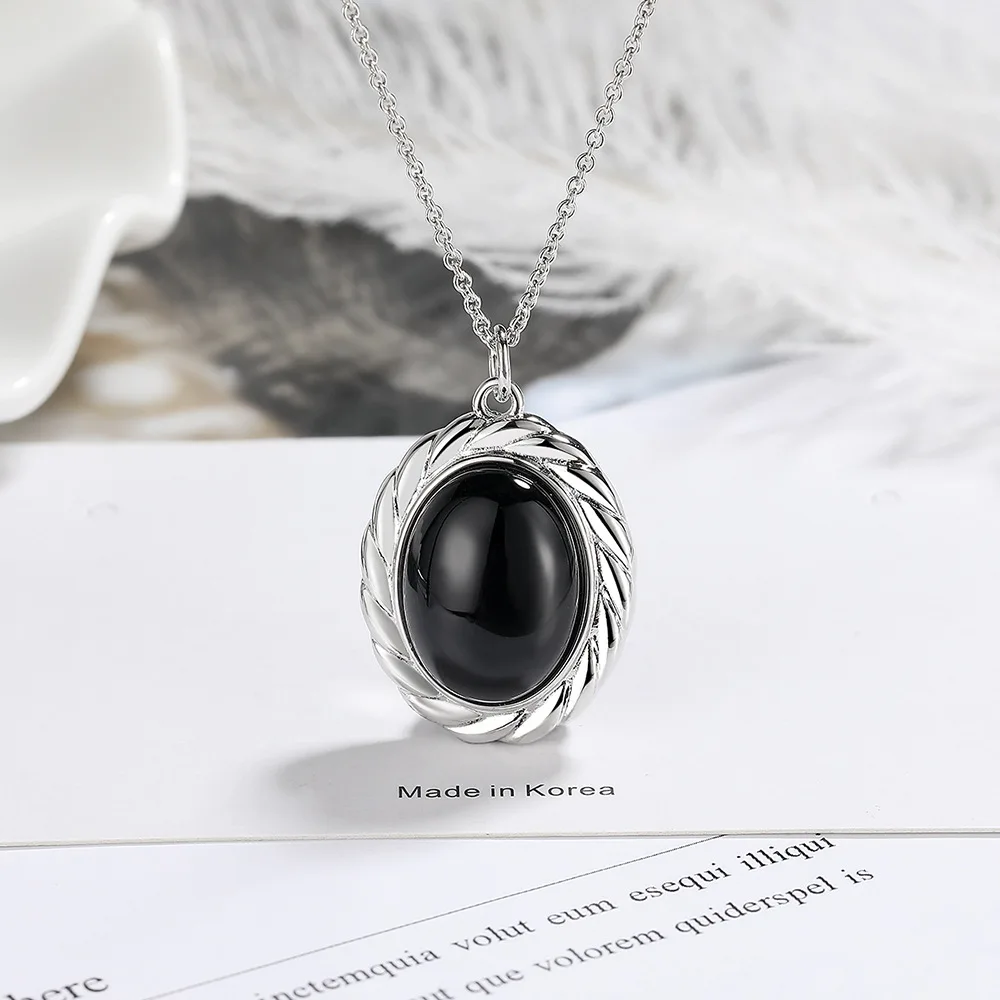 

925 Sterling Silver Classic Fashion Oval Natural Black Agate Necklace Birthday Anniversary Party Gift
