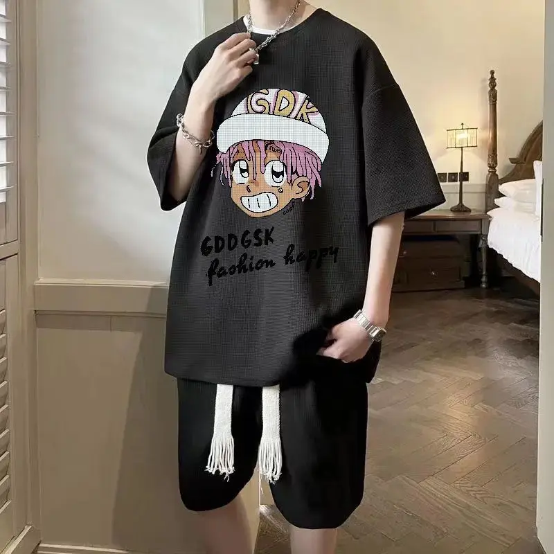 طقم شورت بأكمام قصيرة، مجموعة من ملابس رياضية للرجال، مع طقم مكون من قطعتين فضفاض من ماركة High Street العصرية الصيفية الرائعة