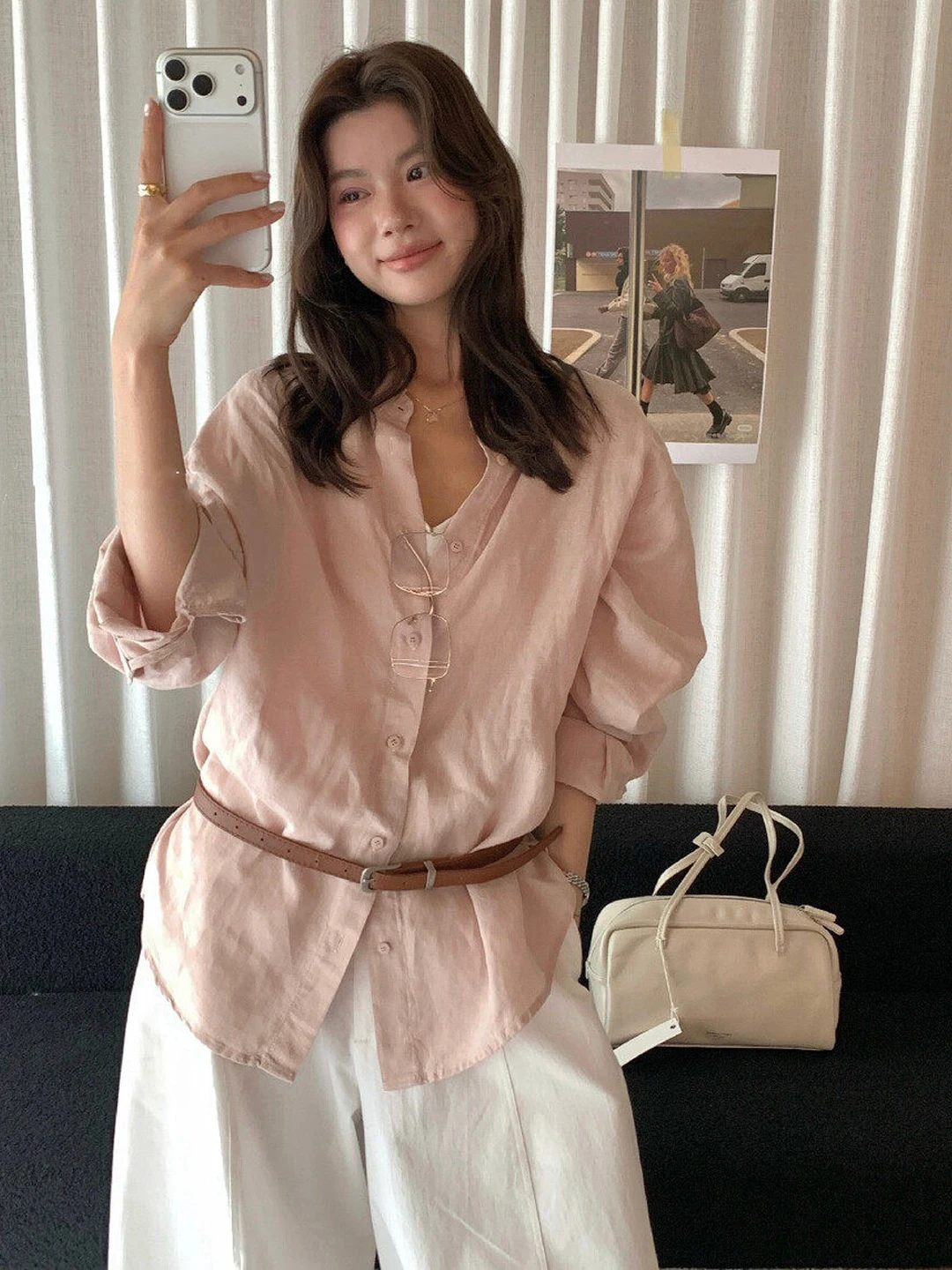 

Pastel Pink Korean Style Women's Shirt Loose Breathable Base Layer Shirt Spring Autumn Lazy Style Commute Collar Button
