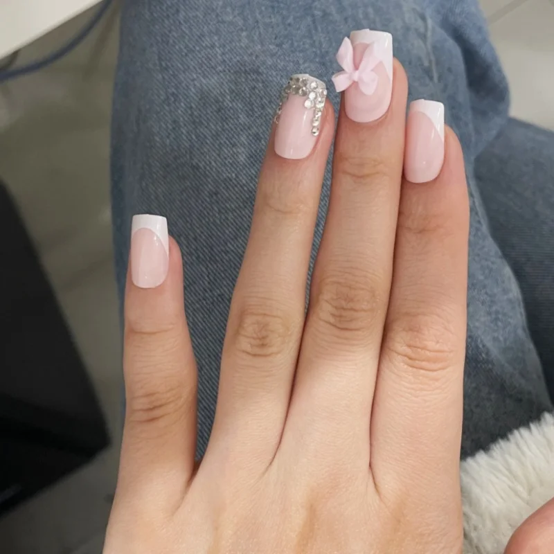 24Pcs Pink Press-On French Nails Set Square Full cover Fake Nail with 3D Bow&Glitter Rhinestones White Nail Tips for Women&Girls