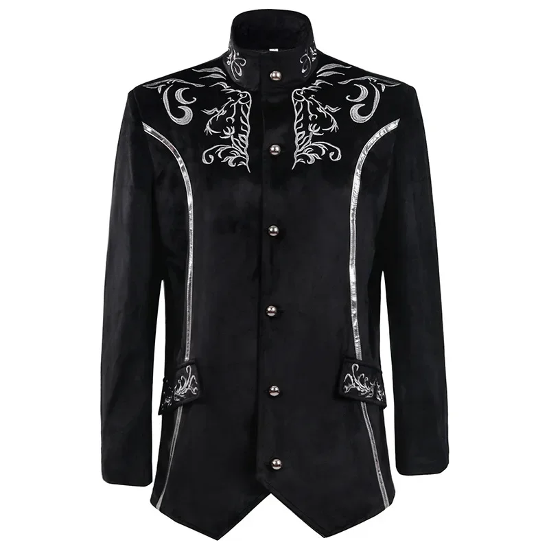 

2025 Million Christmas medieval men's fashion vintage coat stand up collar silver embroidered suede jacket