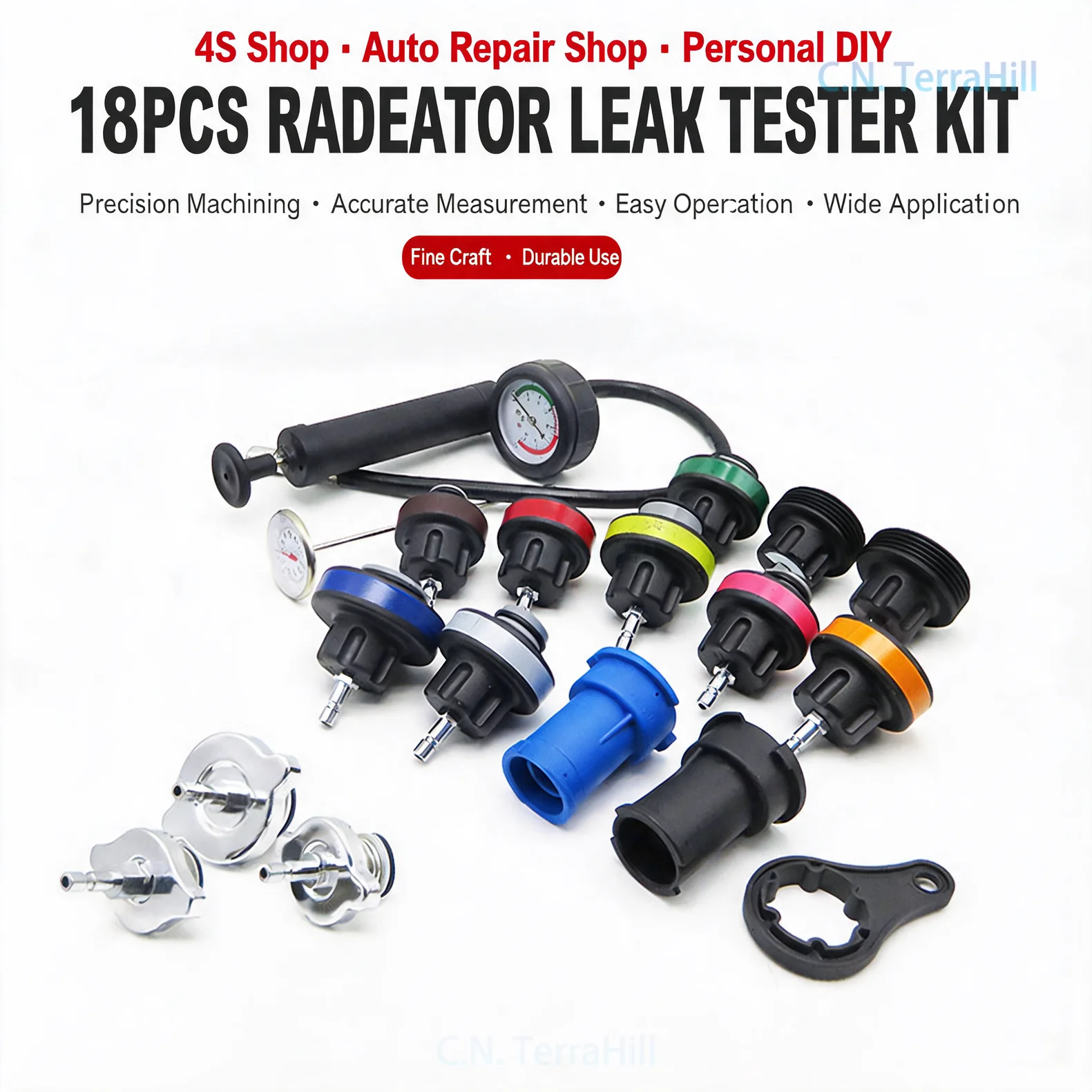 18Pcs Radiator Pressure Tester Kit Coolant Vacuum Refill Tool with Pressure Gauge Leak Detection for Car Cooling System